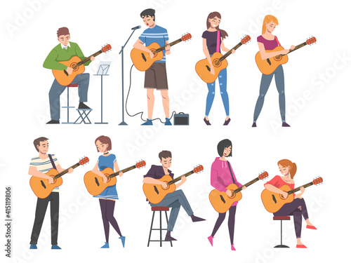 Men and Women Playing Acoustic Guitar Set, Musician Guitarist Characters Performing at Concert Cartoon Style Vector Illustration