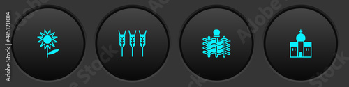 Set Sunflower, Wheat, Wicker fence and Church building icon. Vector.