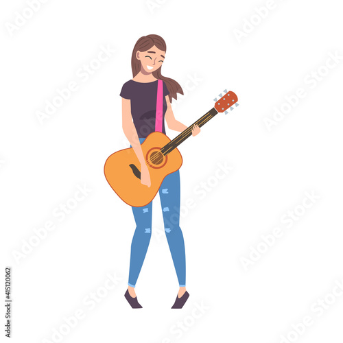 Beautiful Young Woman Playing Acoustic Guitar, Girl Musician Playing Strings at Musical Performance Cartoon Style Vector Illustration