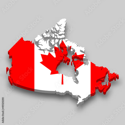 3d isometric Map of Canada with national flag.