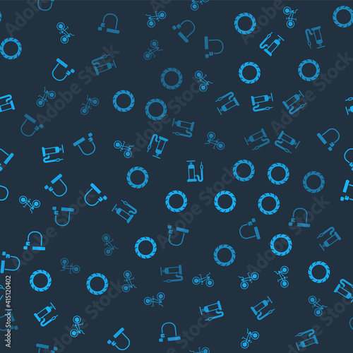 Set Bicycle, wheel tire, air pump and lock on seamless pattern. Vector.