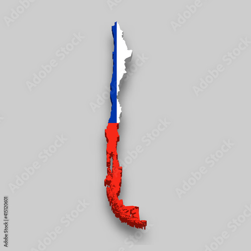 3d isometric Map of Chile with national flag.