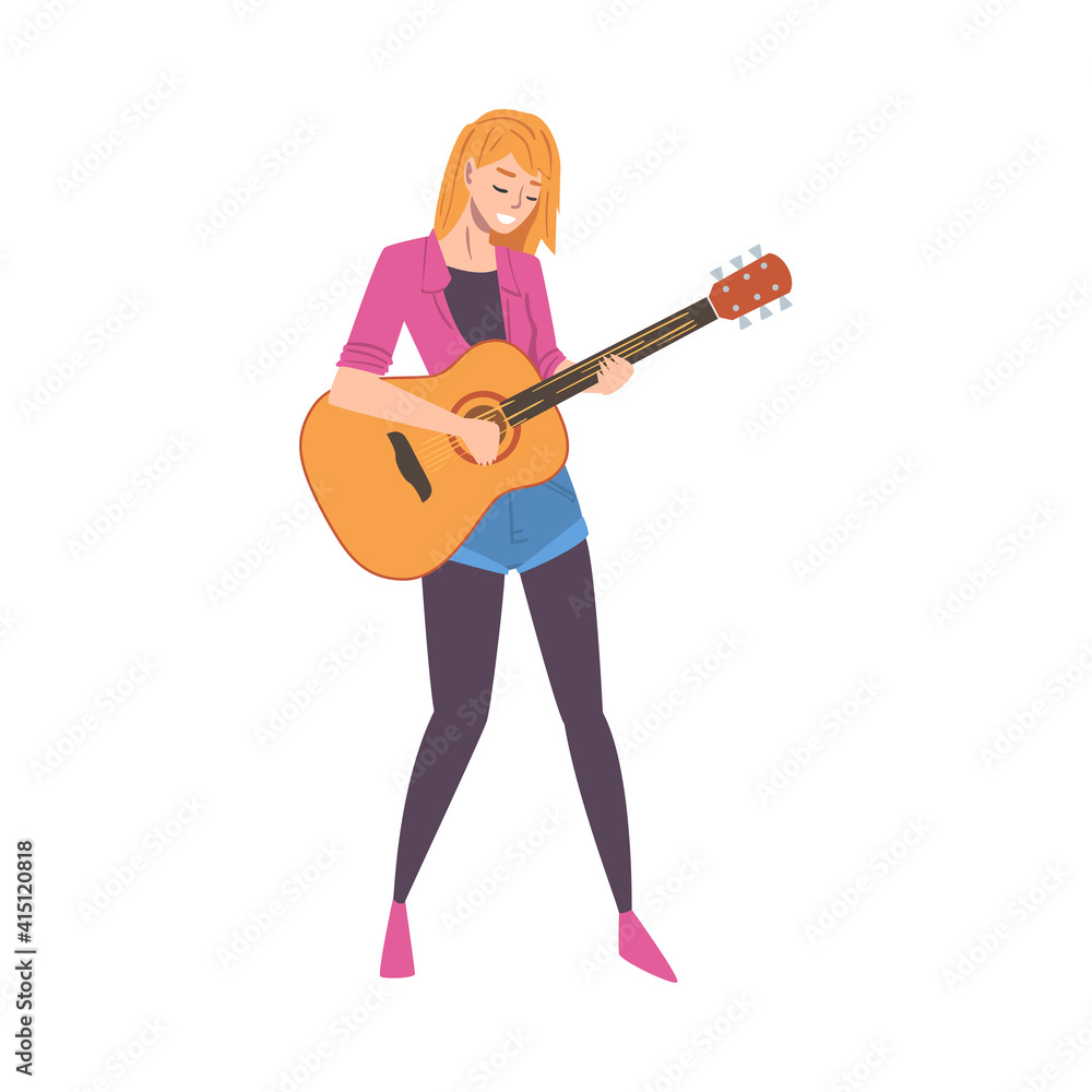 Pretty Girl in Casual Clothes Playing Guitar, Woman Musician Guitarist Character Performing at Concert Cartoon Style Vector Illustration Pretty Girl in Casual Clothes Playing Guitar, Woman Musician Guitarist Character Performing at Concert Cartoon Style Vector Illustration