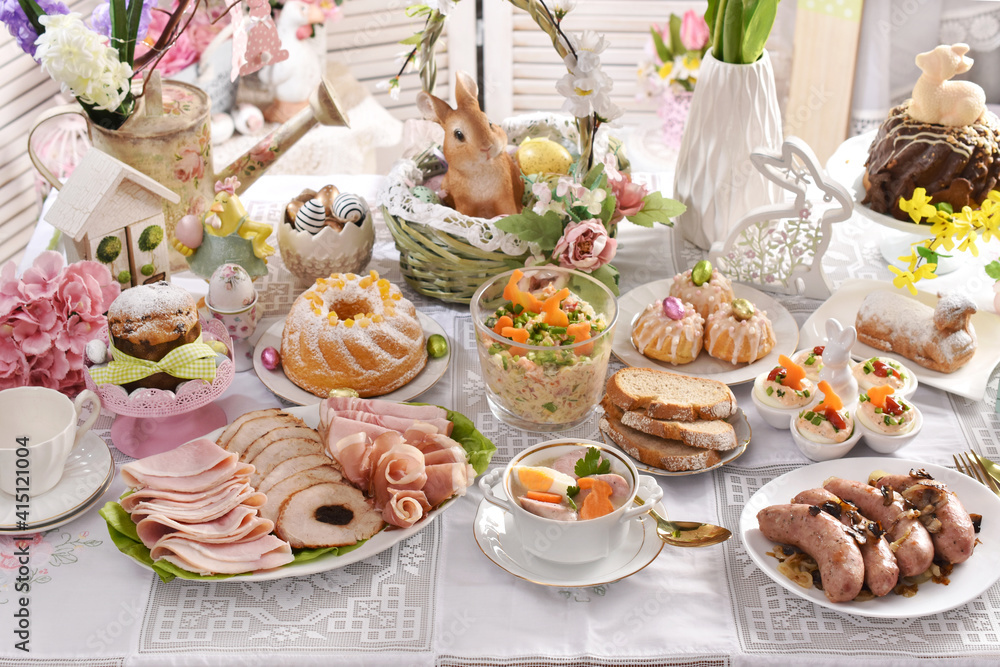 traditional Easter dishes on festive table in Poland