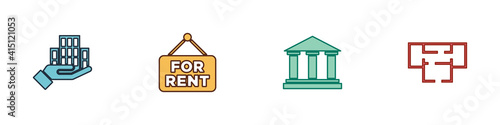 Set Skyscraper, Hanging sign with For Rent, Museum building and House plan icon. Vector.