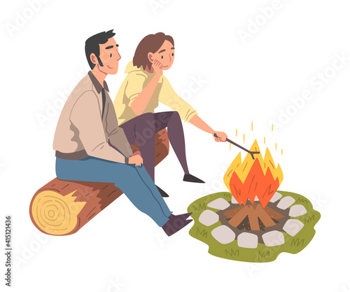 Couple Sitting Near Campfire, Tourist People Hiking, Camping and Relaxing, Summer Adventures Cartoon Style Vector Illustration