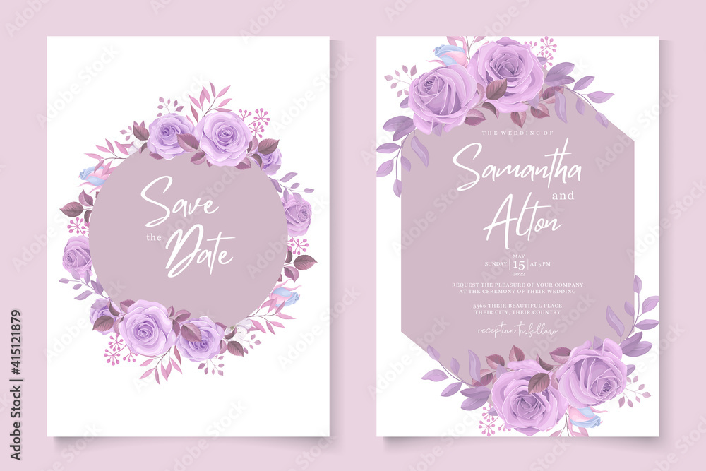 Minimalist wedding invitation design with purple roses