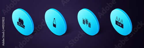 Set Isometric Pack of beer bottles, Wheat, Plastic and Cold can icon. Vector.