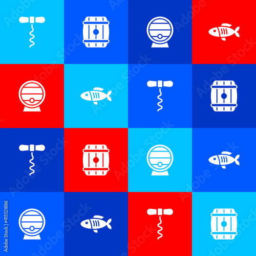 Set Wine corkscrew, Wooden barrel, on rack and Dried fish icon. Vector.