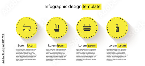 Set Bathtub, Incense sticks, Sauna bucket and Cream or lotion cosmetic tube. Business infographic template. Vector.