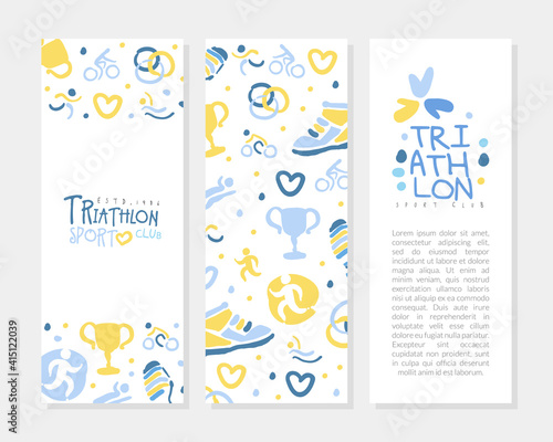 Triathlon Sport Club Banner Templates Set, Sports Event, Marathon, Competition, Championship, Invitation, Banner, Poster, Flyer, Logo Hand Drawn Vector Illustration