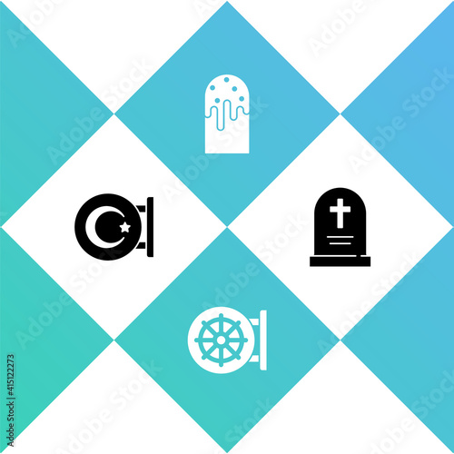 Set Star and crescent, Dharma wheel, Easter cake and Tombstone with cross icon. Vector.