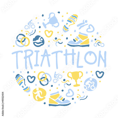 Triathlon Banner Template, Sports Event, Marathon, Competition, Championship, Club Invitation, Banner, Poster, Logo Hand Drawn Vector Illustration