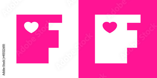 Logotipo con letra inicial F con corazón en fondo rosa y fondo blanco
