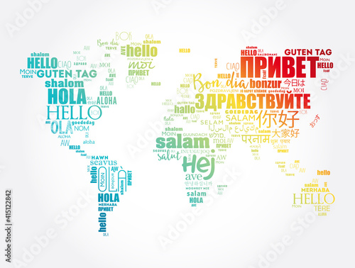 Hello in different languages word cloud World Map, business concept background photo