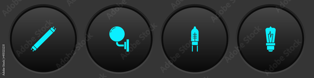 Set Fluorescent lamp, Wall sconce, Light emitting diode and bulb icon. Vector. Set Fluorescent lamp, Wall sconce, Light emitting diode and bulb icon. Vector.