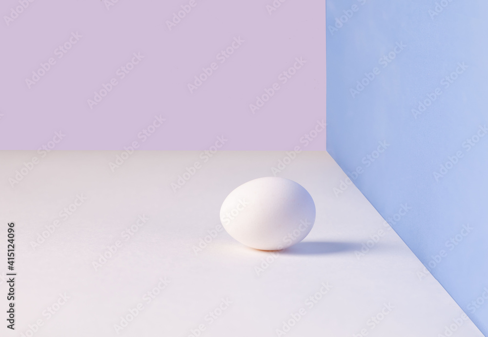 White single egg. Chicken egg with soft shadows on white table. pink, blue background. Template for Easter holiday. - obrazy, fototapety, plakaty 