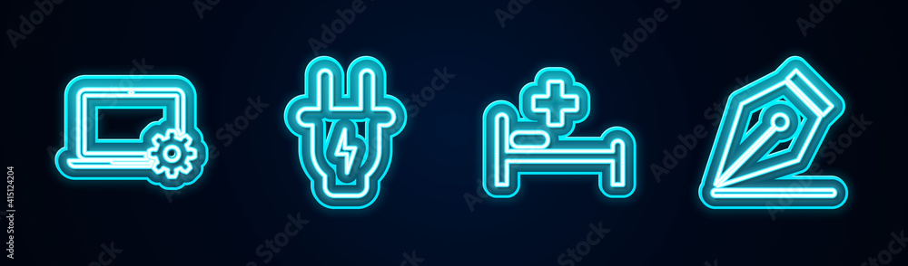 Set line Laptop and gear, Electric plug, Hospital bed and Fountain pen nib. Glowing neon icon. Vector. Set line Laptop and gear, Electric plug, Hospital bed and Fountain pen nib. Glowing neon icon. Vector.