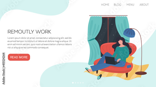 Vector illustration landing page or template with cozy and cute living room interior with girl with her laptop. She works or study night in her home.