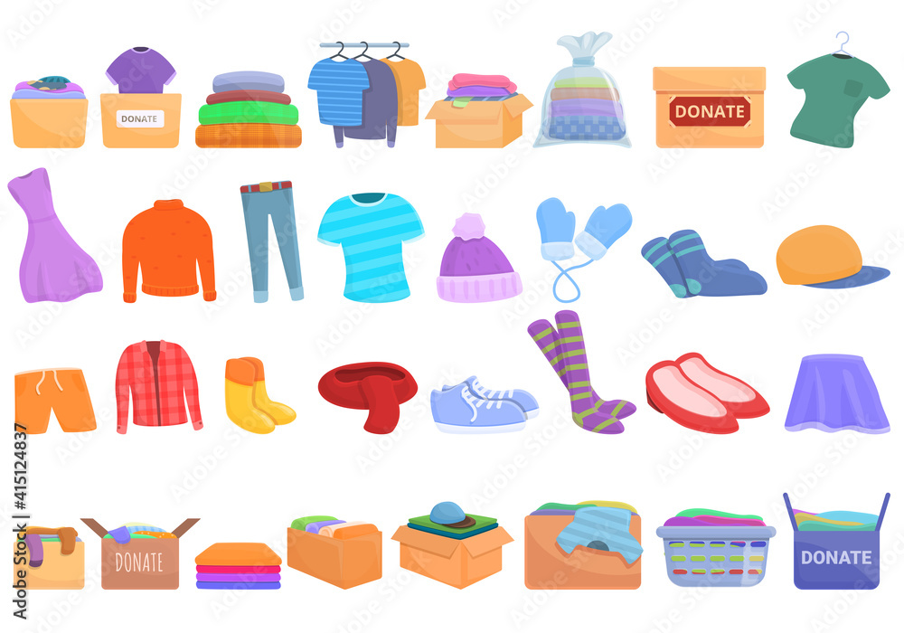 Clothes donation icons set. Cartoon set of clothes donation vector icons for web design