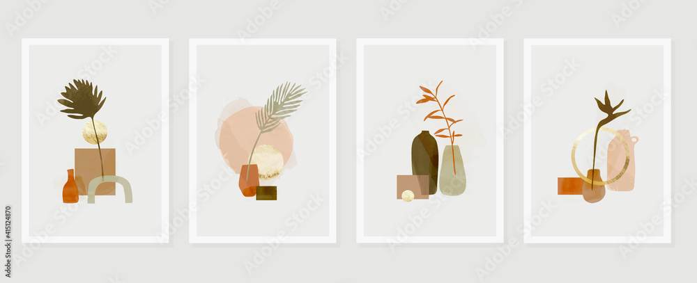 Botanical and vase wall art vector set. Floral and Foliage in bottle line art drawing with  abstract shape.  Abstract Plant Art design for print, cover, wallpaper, Minimal and  natural wall art.