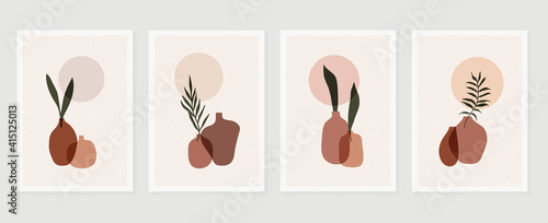 Botanical and vase wall art vector set. Floral and Foliage in bottle line art drawing with  abstract shape.  Abstract Plant Art design for print, cover, wallpaper, Minimal and  natural wall art.