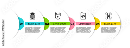 Set line Veterinary medicine hospital, Dog, Clinical record pet and Crossed bones. Business infographic template. Vector.