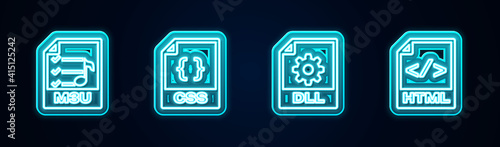 Set line M3U file document, CSS, DLL and HTML. Glowing neon icon. Vector.