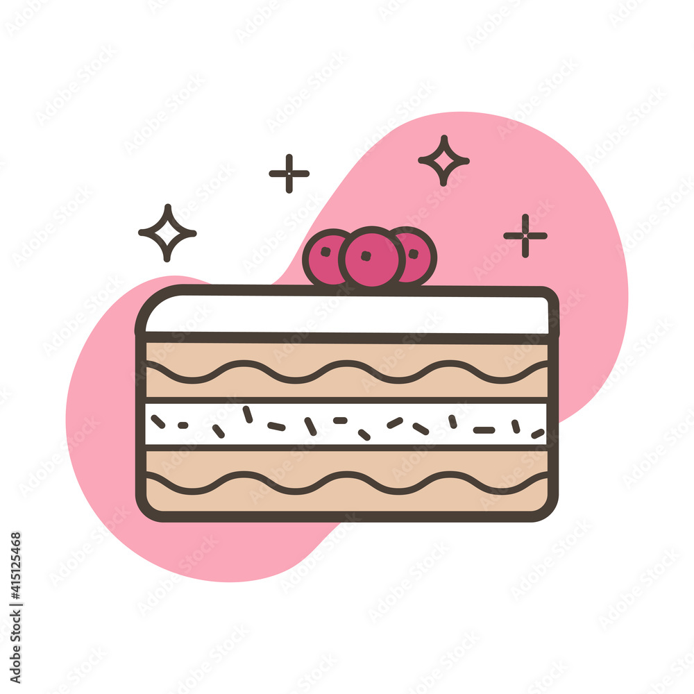 Vector icon of a cake with cream, chocolate chips and berries. Logo for a pastry shop Vector icon of a cake with cream, chocolate chips and berries. Logo for a pastry shop