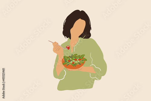 Woman eating healthy green salad with tomato. Health care and wellness concept. Vector illustration
