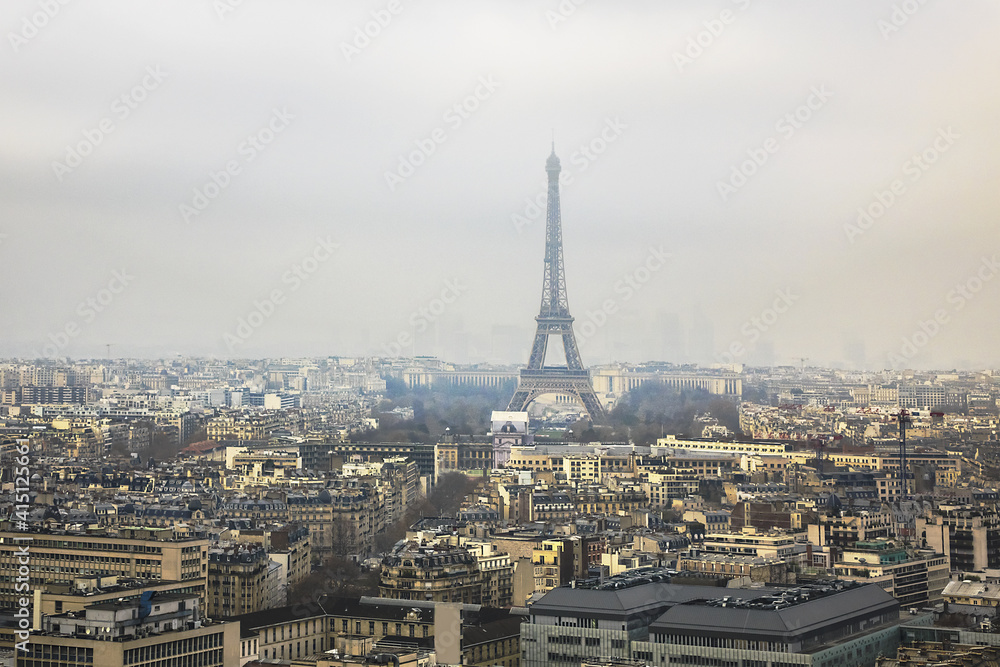 Aerial view of Paris on a foggy day. France.