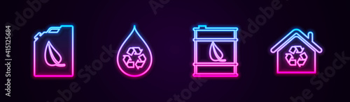 Set line Bio fuel canister, Recycle clean aqua, barrel and Eco House with recycling. Glowing neon icon. Vector.