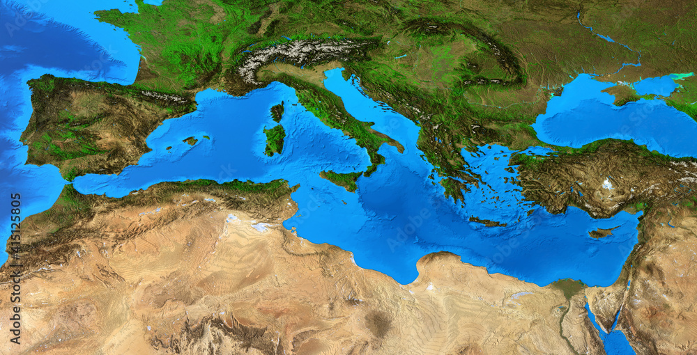 Fototapeta Fizyczna mapa Morza Śródziemnego. Szczegółowy płaski widok planety Ziemi i jej ukształtowania terenu. Ilustracja 3D - Elementy tego obrazu dostarczone przez NASA