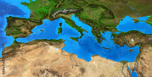 Fototapeta Naklejka Na Ścianę i Meble -  Physical map of Mediterranean Sea. Detailed flat view of the Planet Earth and its landforms. 3D illustration - Elements of this image furnished by NASA