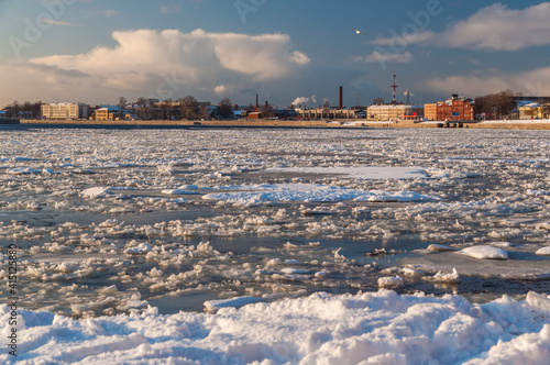 Begining of ice drift on the Neva river, Saint Petersburg