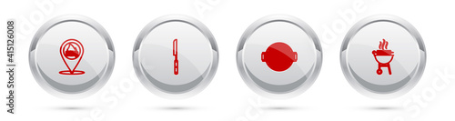 Set line Location with barbecue, Barbecue knife, grill and grilled shish kebab. Silver circle button. Vector.