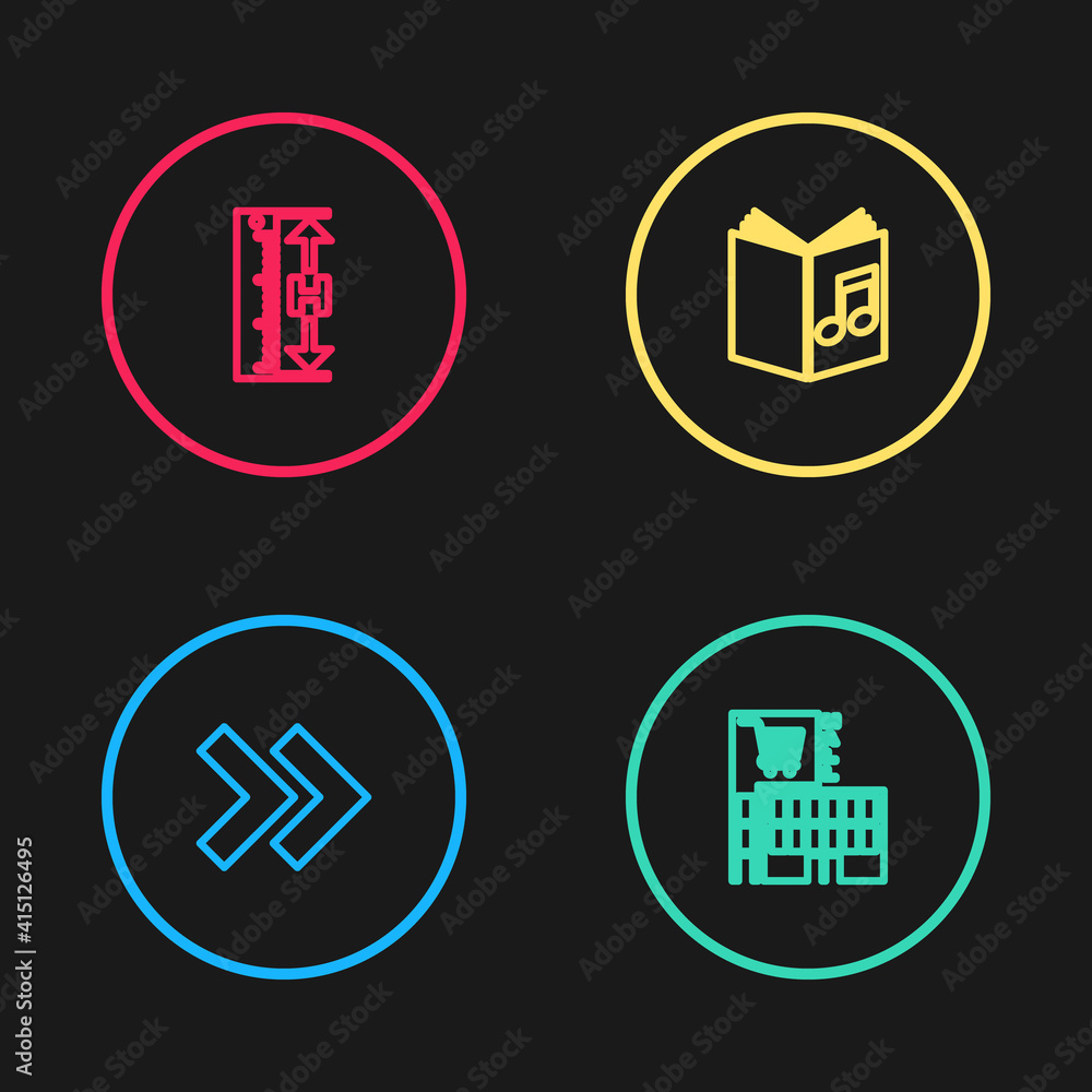 Set line Arrow, Mall or supermarket building, Audio book and Measuring height and length icon. Vector. Set line Arrow, Mall or supermarket building, Audio book and Measuring height and length icon. Vector.