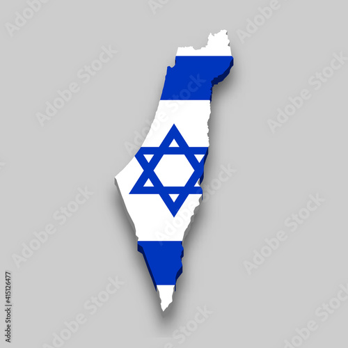 3d isometric Map of Israel with national flag.