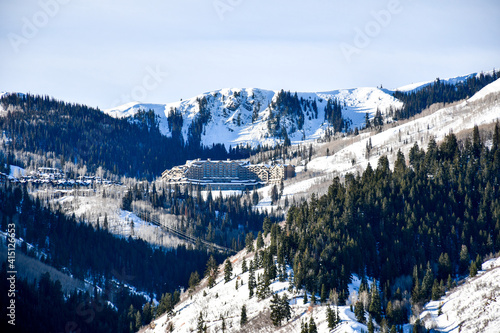 View of Deer Valley resort in Park City ski area during winter in the Wasatch Mountains near Salt Lake City, Utah in the western United States. 