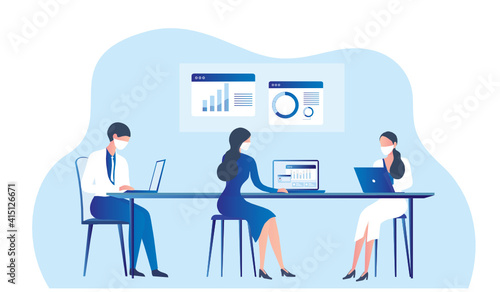 New normal concept and physical distancing people working keep distance and wearing face mask prevention from disease outbreak vector illustration. New normal after COVID-19 pandemic concept 