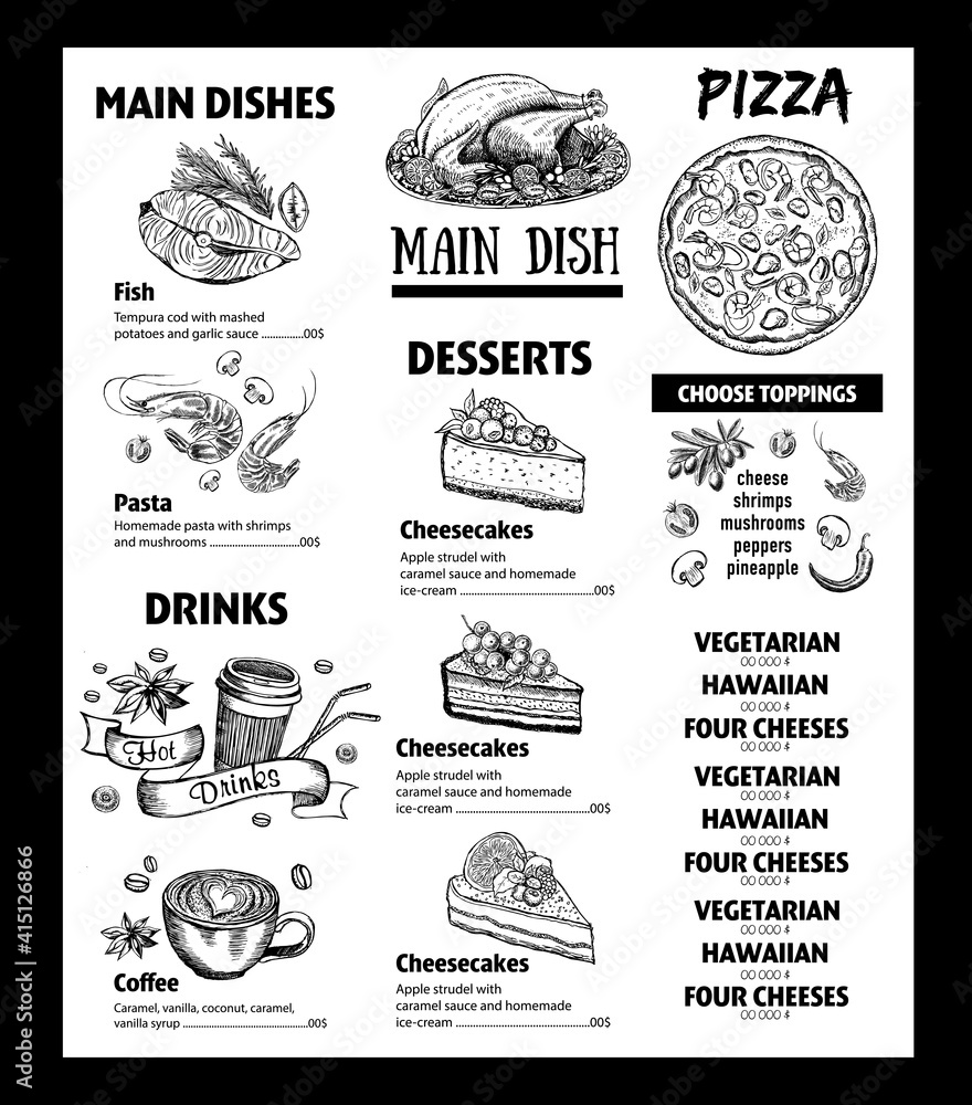 Menu cafe restaurant design template. Flyer with hand-drawn graphic.	
