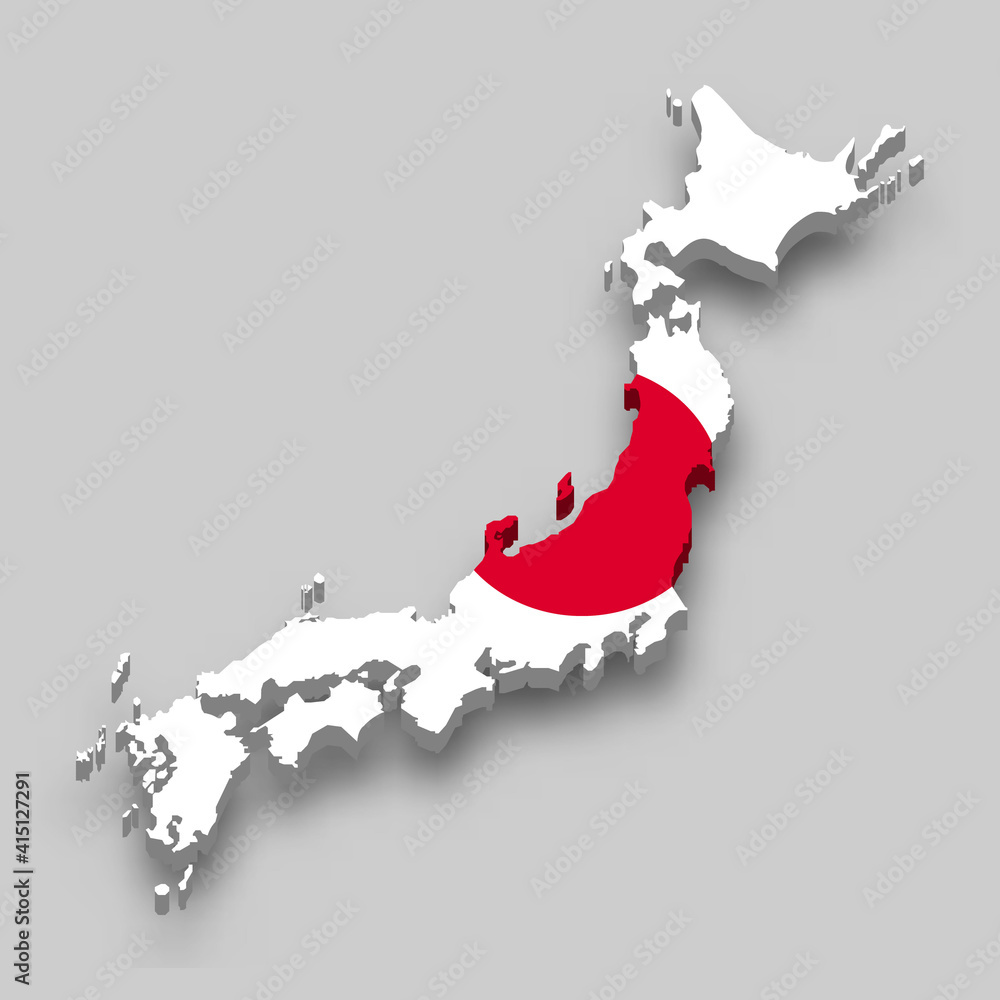 3d isometric Map of Japan with national flag.