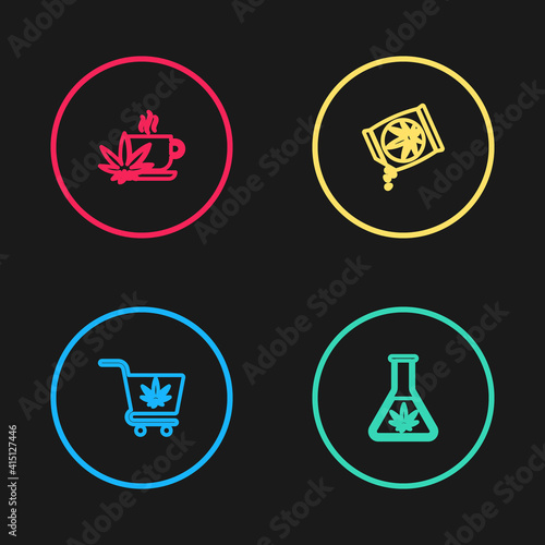Set line Shopping cart with marijuana, Test tube, Marijuana or cannabis seeds and Cup tea icon. Vector.