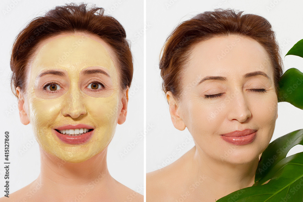 Middle age closeup woman face before after beauty mask treatment. Before-after wrinkled skin. Summer anti aging collagen mask on woman wrinkle face isolated. Mid aged facial skincare. Menopause period Middle age closeup woman face before after beauty mask treatment. Before-after wrinkled skin. Summer anti aging collagen mask on woman wrinkle face isolated. Mid aged facial skincare. Menopause period