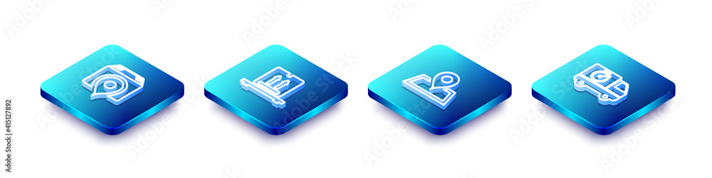 Set Isometric line Location with cardboard box, Cardboard boxes pallet, Placeholder map and Delivery truck and stopwatch icon. Vector. Set Isometric line Location with cardboard box, Cardboard boxes pallet, Placeholder map and Delivery truck and stopwatch icon. Vector.