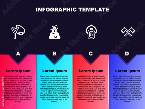 Set line Slingshot, Campfire, Canteen water bottle and Crossed wooden axe. Business infographic template. Vector.