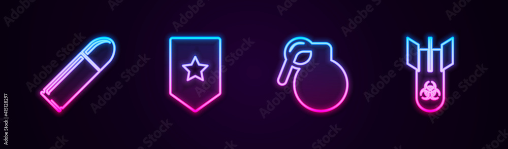 Set line Bullet, Chevron, Hand grenade and Biohazard bomb. Glowing neon icon. Vector. Set line Bullet, Chevron, Hand grenade and Biohazard bomb. Glowing neon icon. Vector.