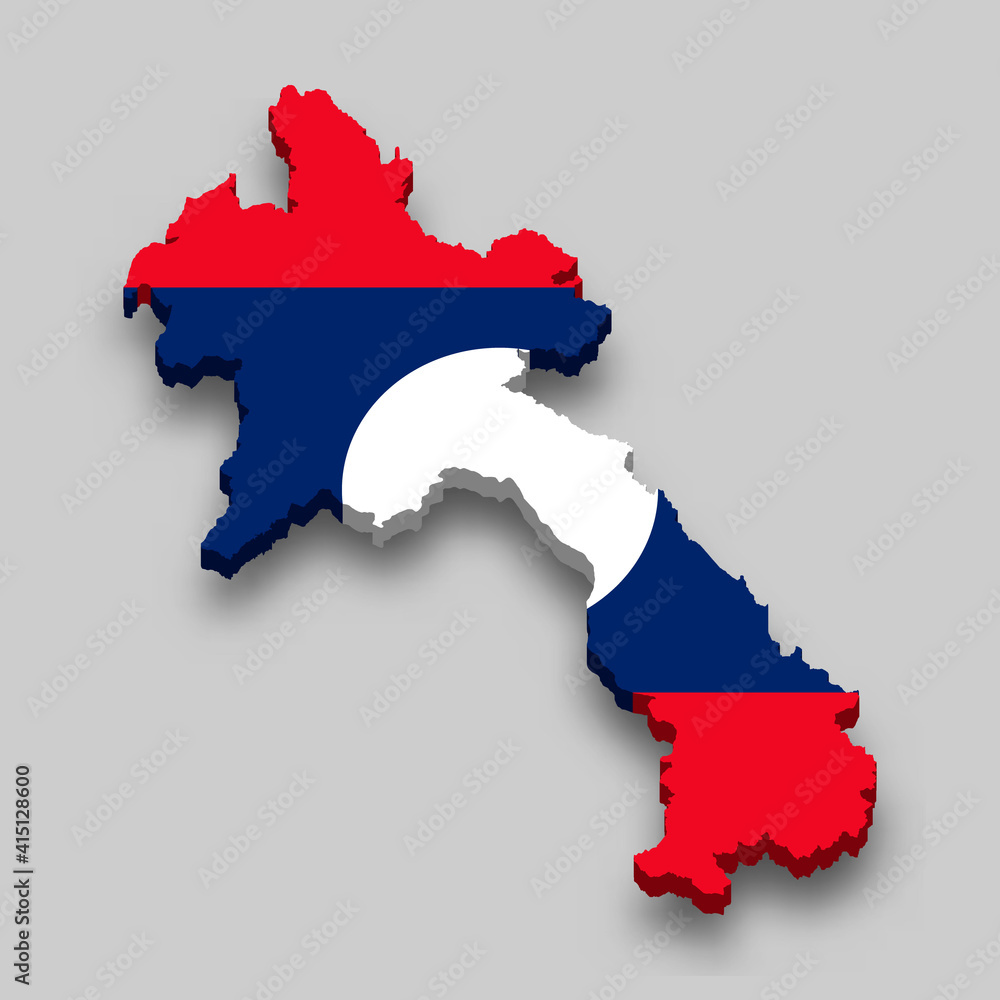 3d isometric Map of Laos with national flag. 3d isometric Map of Laos with national flag.