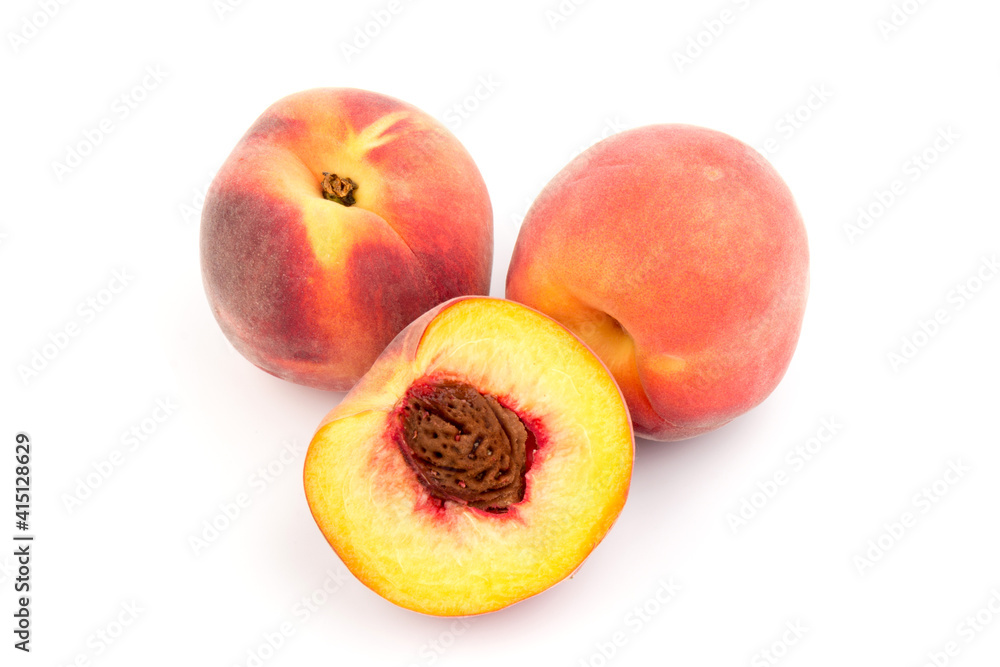 Summer fruit background. Ripe juicy peaches on white background. Copy space. Fresh organic fruit vegan food. Harvest concept Summer fruit background. Ripe juicy peaches on white background. Copy space. Fresh organic fruit vegan food. Harvest concept