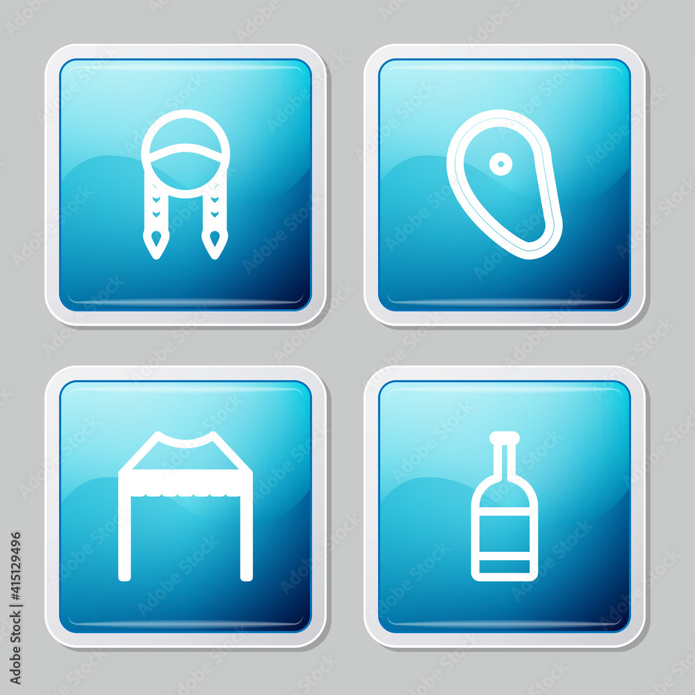 Set line Braid, Steak meat, Camping tent and Beer bottle icon. Vector. Set line Braid, Steak meat, Camping tent and Beer bottle icon. Vector.